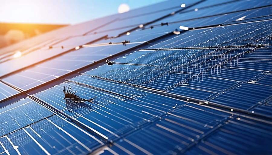 Close-up of bird mesh and spikes installed to prevent birds from nesting on solar panels