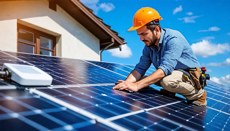 Person connecting surge protector and grounding wires to a residential solar panel setup