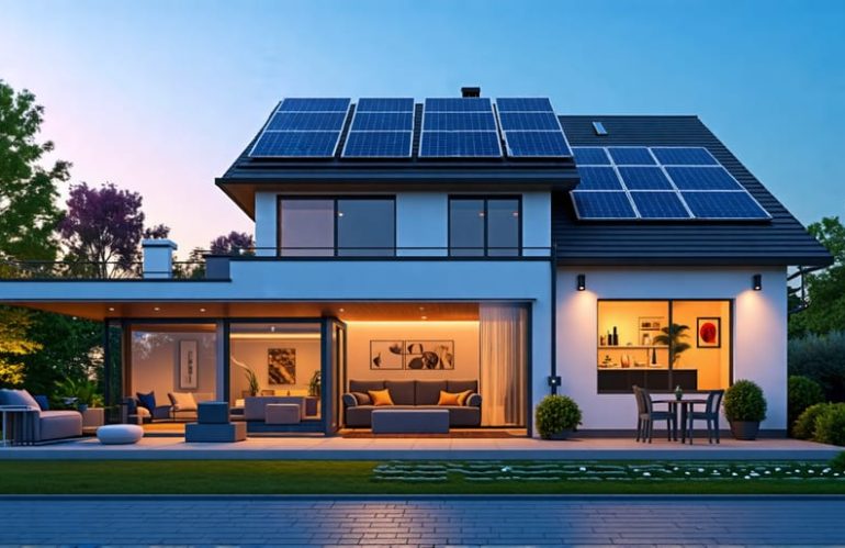 Illustration of a contemporary house with rooftop solar panels and a clear view of a solar battery storage system indoors, capturing energy from the sun.