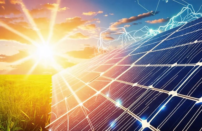 A conceptual illustration of a solar panel receiving sunlight, highlighting open circuit voltage and electric currents to depict maximum efficiency and system optimization through careful equipment selection and positioning.