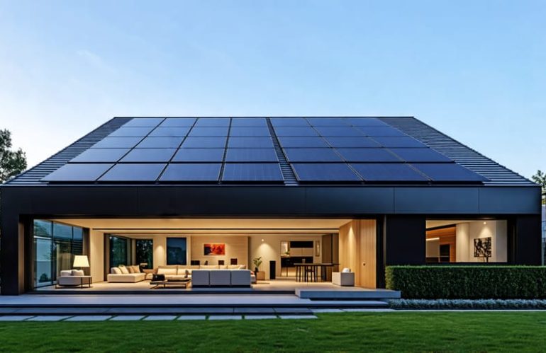 Sleek all-black solar panels integrated into the roof of a modern house, enhancing its aesthetic appeal.