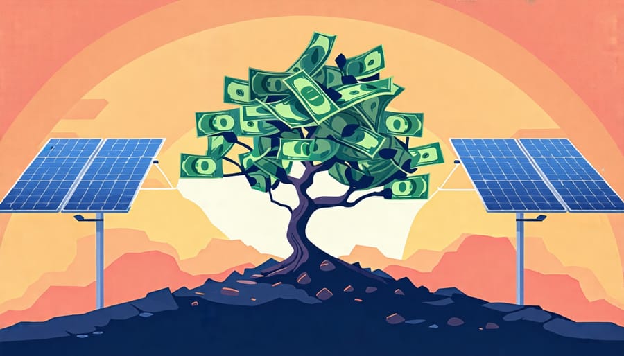 Conceptual image of money growing on a tree with solar panels in the distance