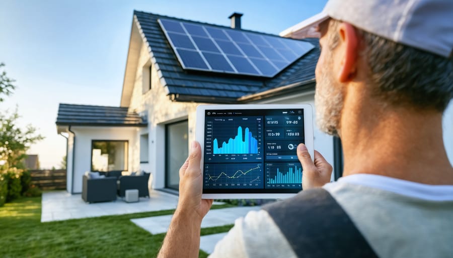 Person viewing solar energy analytics on a tablet device