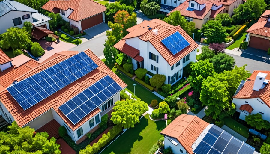 Solar roof tiles seamlessly integrated into multiple homes in a neighborhood