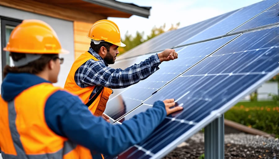 Charitable workers setting up free solar panels for a needy family