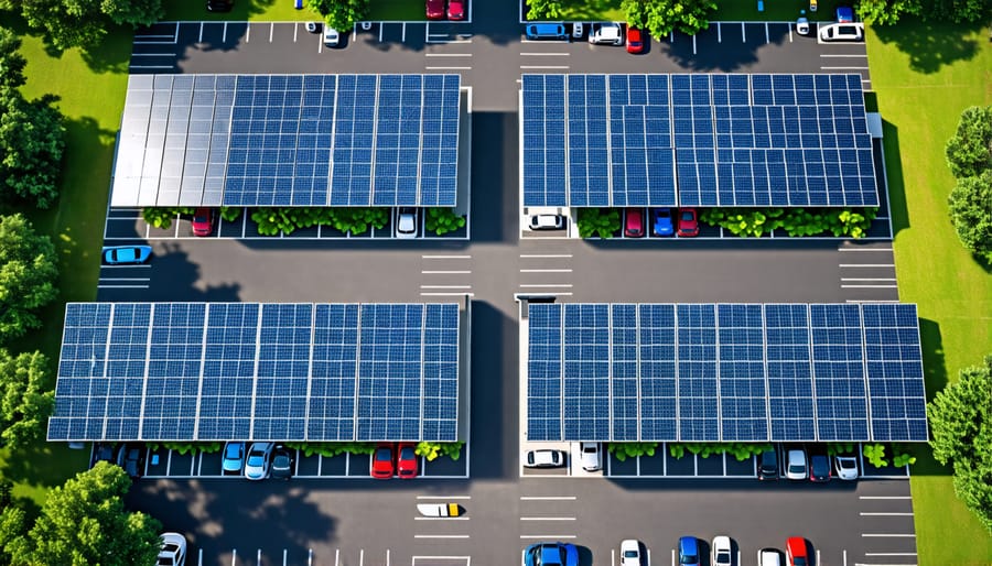 Solar carports in a parking lot offering vehicle shade and energy production