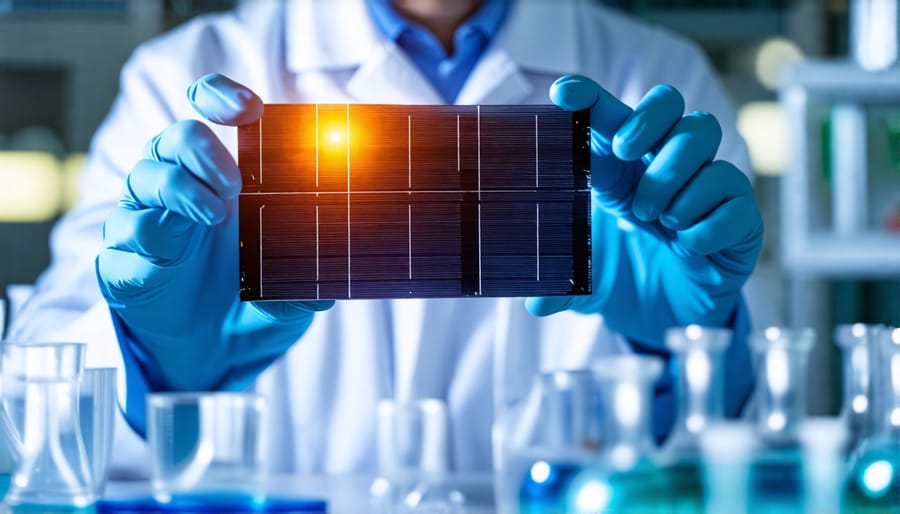 Researcher inspecting a next-generation perovskite photovoltaic cell.