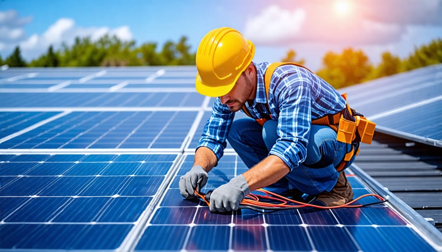 Licensed solar installer properly wiring solar panels with safety equipment