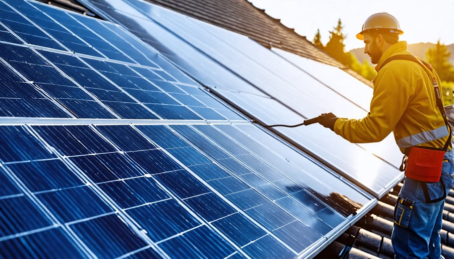 Technician cleaning solar panels on a house roof