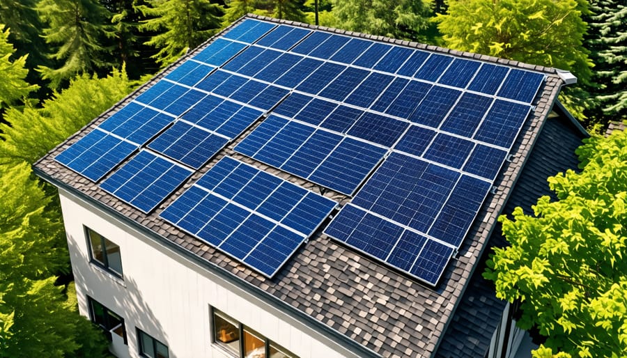 Birds-eye view of a well-designed solar panel configuration on a house roof