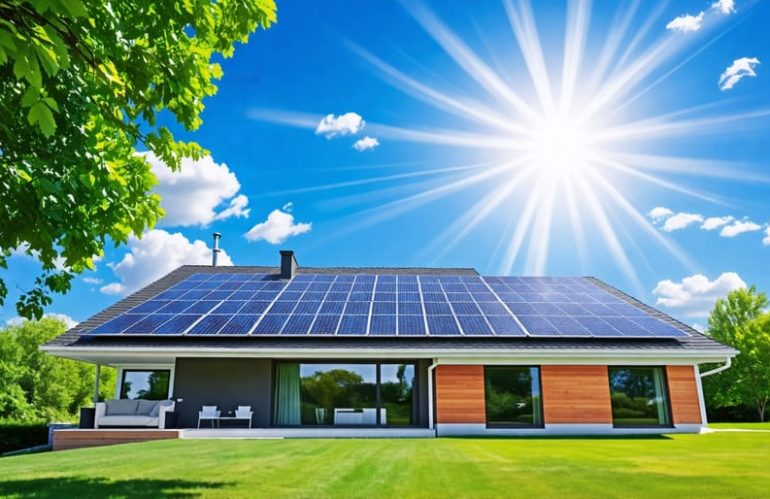 Modern suburban home with solar panels on the roof under a bright sun, illustrating the potential and benefits of solar energy.