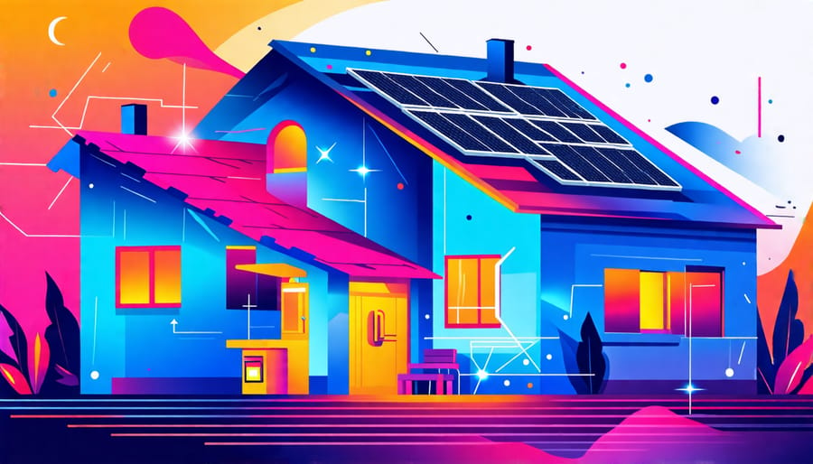 Diagram of a residential solar panel system supplying renewable energy to power household devices