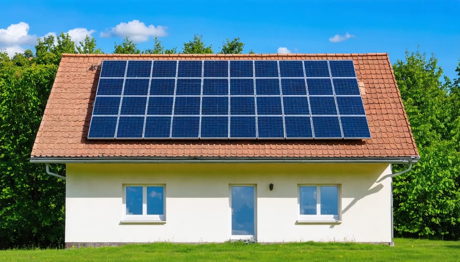 Residential home equipped with rooftop solar panels on a sunny day