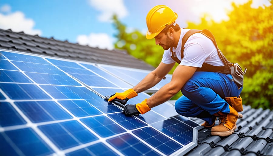 Professional solar installer securing panels on a home's roof