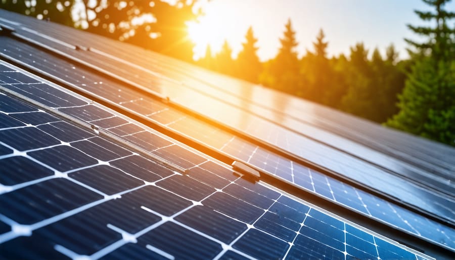 Residential solar panel array being installed on a sunny day