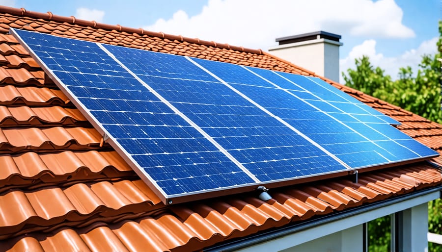 Installation of solar panels on a house roof for renewable energy generation