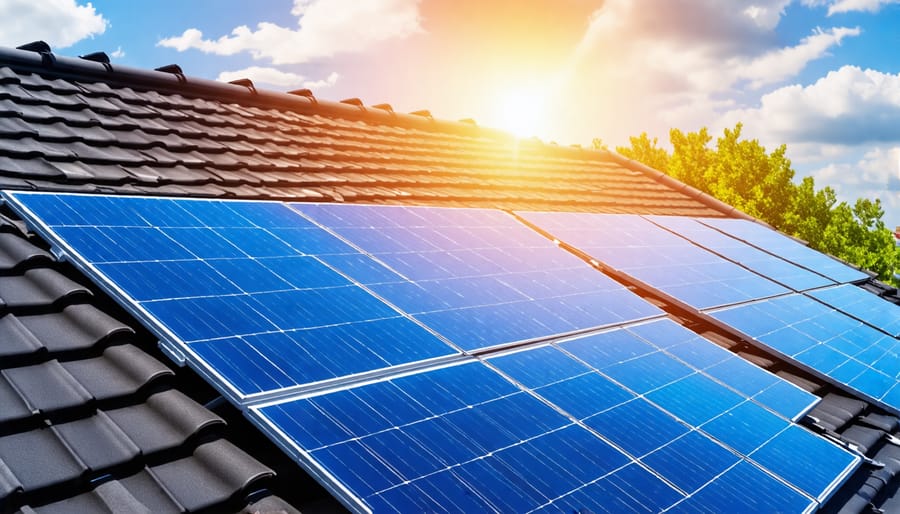 Solar panel array installed on a house roof under a clear blue sky