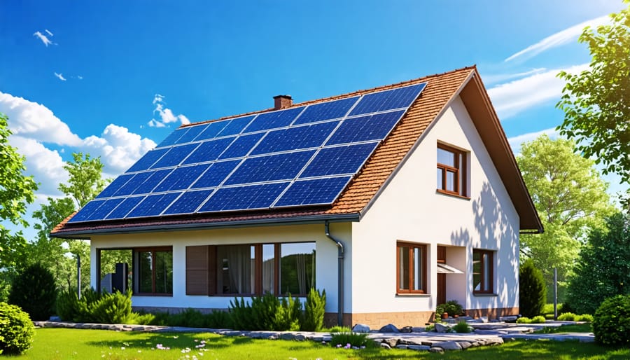 Solar panels installed on a residential roof on a sunny day