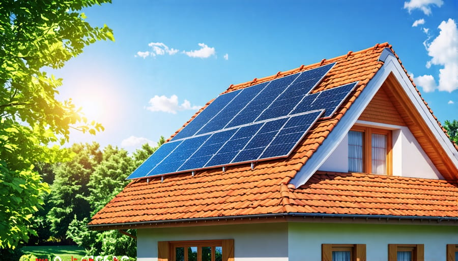 Residential roof-mounted solar panel array with clear skies