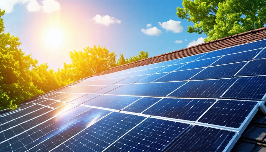 Residential solar panel installation on a house roof with a clear blue sky