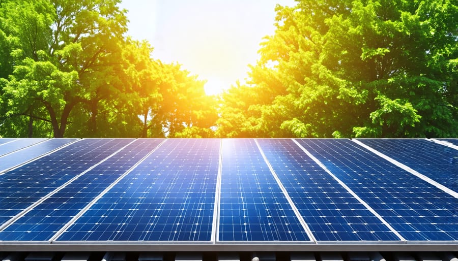 Solar panels installed on a house roof collecting sunlight with nature in background