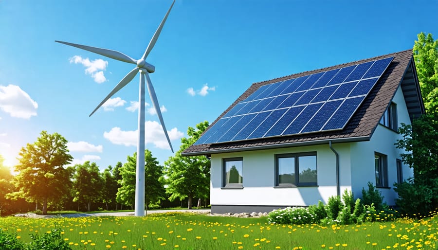 A house with solar panels on the roof and a small wind turbine in the yard