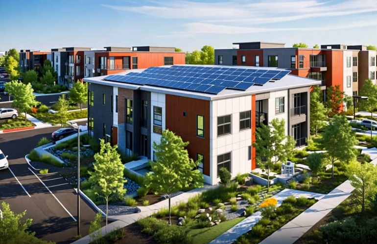 A modern apartment complex featuring solar panels, LED lighting, energy-efficient windows, and landscaped green spaces, symbolizing the sustainable and efficient upgrades offered by PSE's Multifamily Retrofit Program.