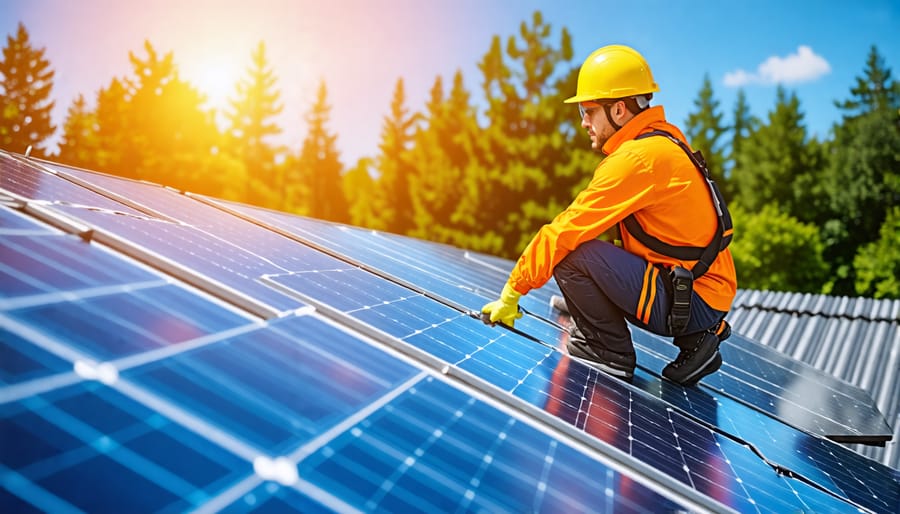 Demonstration of proper safety equipment and techniques for cleaning rooftop solar panels