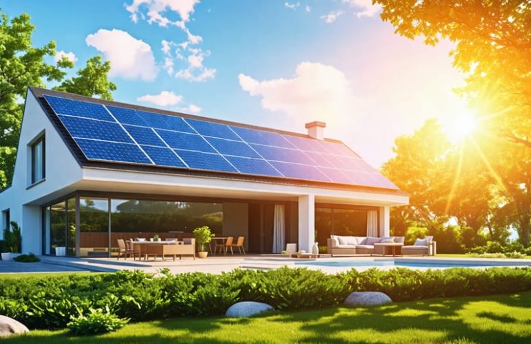 A modern residential home with seamlessly integrated solar panels on the roof, illuminated by sunlight, surrounded by greenery to symbolize sustainability. Subtle hints of financial growth in the background represent economic benefits.