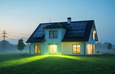 Conceptual illustration of a modern house with solar panels, battery storage, and a green energy aura, symbolizing energy independence and sustainability.