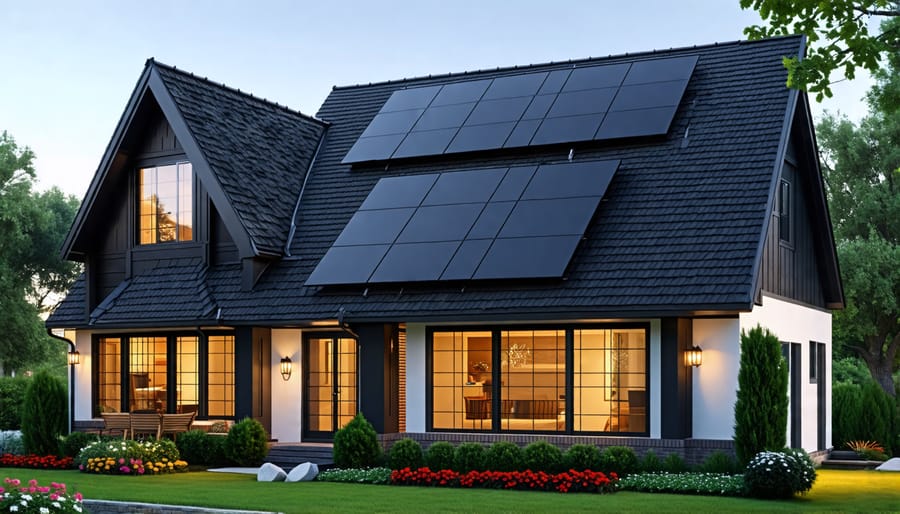 Modern house with attractive, low-profile solar array blending in with dark roof.