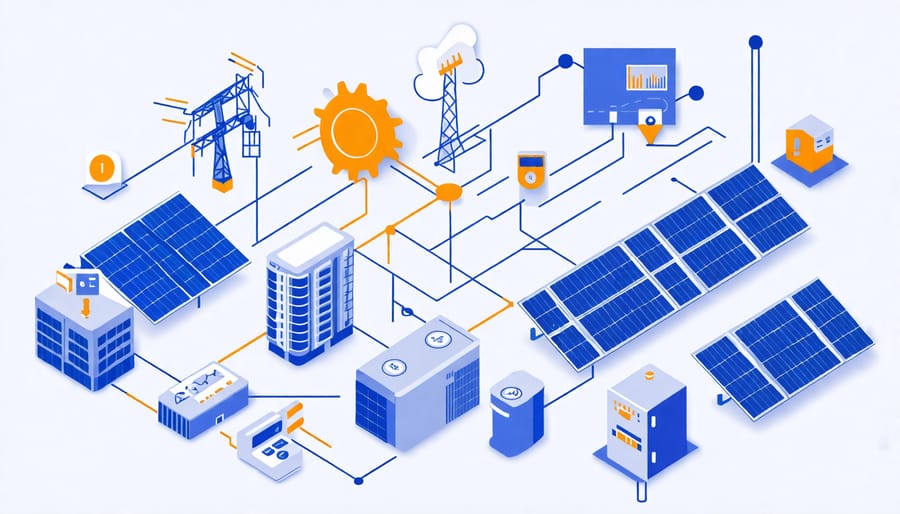 Diagram of a smart microgrid system with solar panels, battery storage, smart meters, and energy management systems