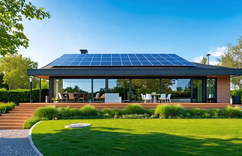 A modern home with advanced bifacial solar panels integrated into the roof, surrounded by lush green landscapes, illustrating the financial and environmental benefits of solar technology.