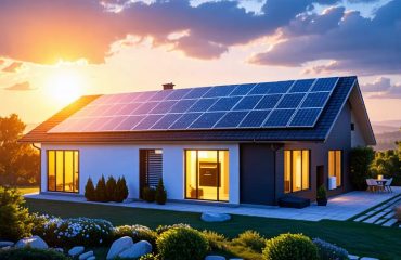 A home with solar panels on the roof and a solar battery unit, illuminated by a sunset, symbolizing sustainable energy use day and night.