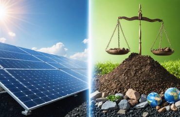 An image split into two halves showing solar panels under a bright sun contrasting with mining operations, manufacturing emissions, and solar waste, symbolizing the dual aspects of solar energy as both a clean resource and an environmental challenge.