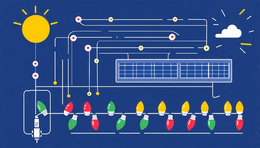 Illustration of how solar Christmas lights operate using a solar panel, battery, and LED bulbs