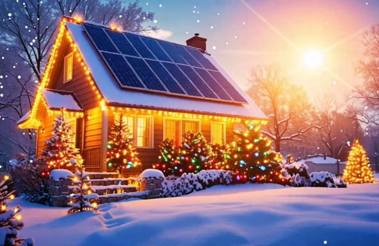 A house decorated with solar Christmas lights, showcasing solar panels and LED lights glowing warmly, embodying an eco-friendly and sustainable holiday atmosphere.