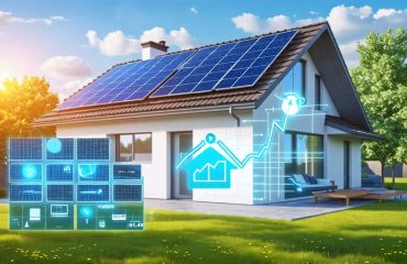 An energy-efficient home with solar panels, a smart meter, and a digital display showcasing increased energy savings, representing solar energy management systems.