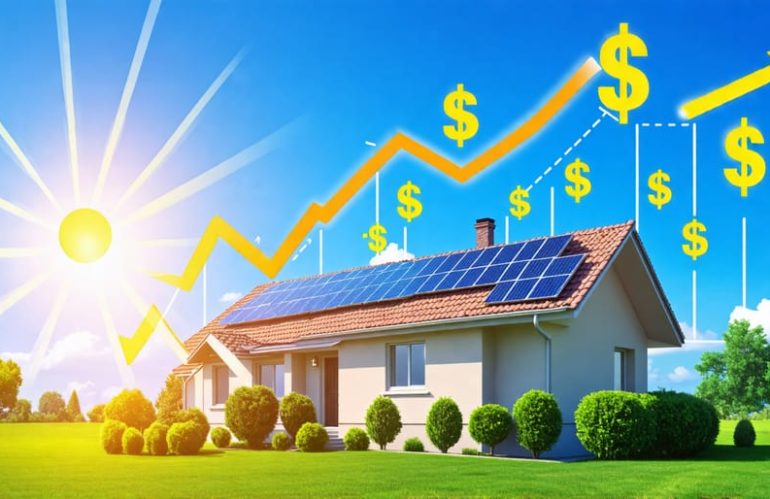 Artistic visualization of a suburban house with solar panels generating economic growth symbols, like dollar signs and graphs, under a sunny sky.