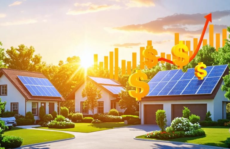 Suburban houses with solar panels on their roofs and symbols of financial savings, representing the impact of solar energy grants.