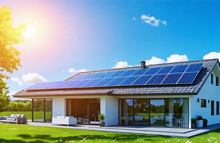 A modern home equipped with sleek solar panels on the rooftop, capturing sunlight under a bright blue sky. The image embodies energy efficiency and sustainability with an emphasis on solar power.