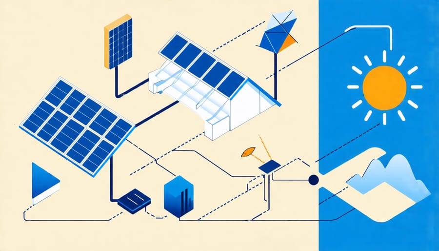 Diagram showing solar panels, inverters, energy storage, and monitoring software