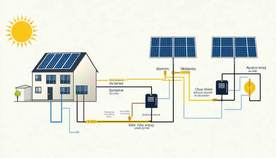 Diagram illustrating the components and energy flow in a solar energy management system