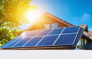 A residential house with modern solar panels integrated on the roof, symbolizing the harmonious blend of technology and nature with a sunny sky and greenery in the background.