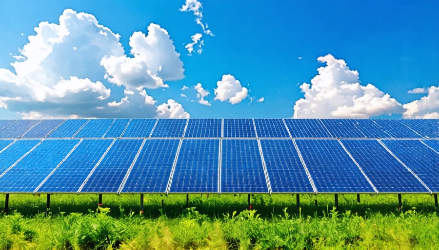 Array of solar photovoltaic panels in a grassy field on a sunny day