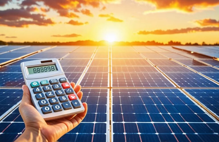 A bright sunrise illuminating solar panels on a rooftop, with a hand holding a calculator featuring finance icons, representing various solar financing strategies.