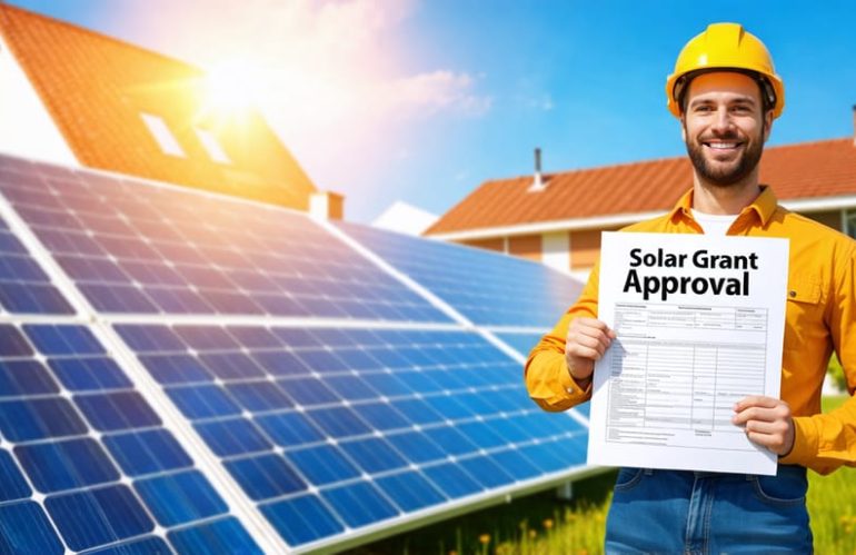 Homeowner holding a solar grant approval document in front of a house with newly installed solar panels, reflecting the theme of achieving solar energy savings.