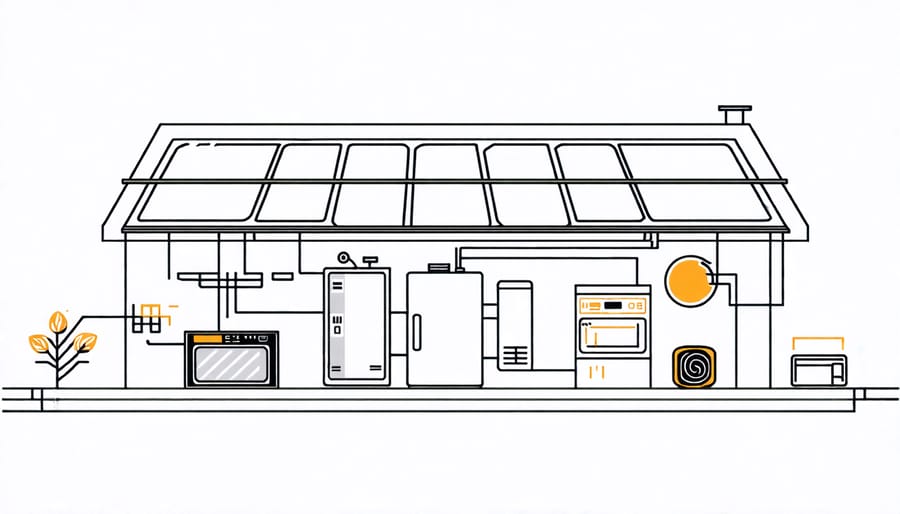 Illustration depicting the components of a solar heating system including solar panels, pipes, and storage tank