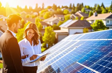 A residential neighborhood on a sunny day with homes featuring solar panels. In the foreground, a couple examines documents representing informed decision-making about solar energy adoption for savings and sustainability.