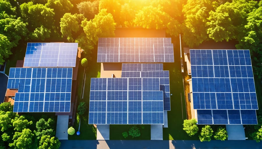 Bird's eye view of solar panels installed on small, mid-sized and large homes